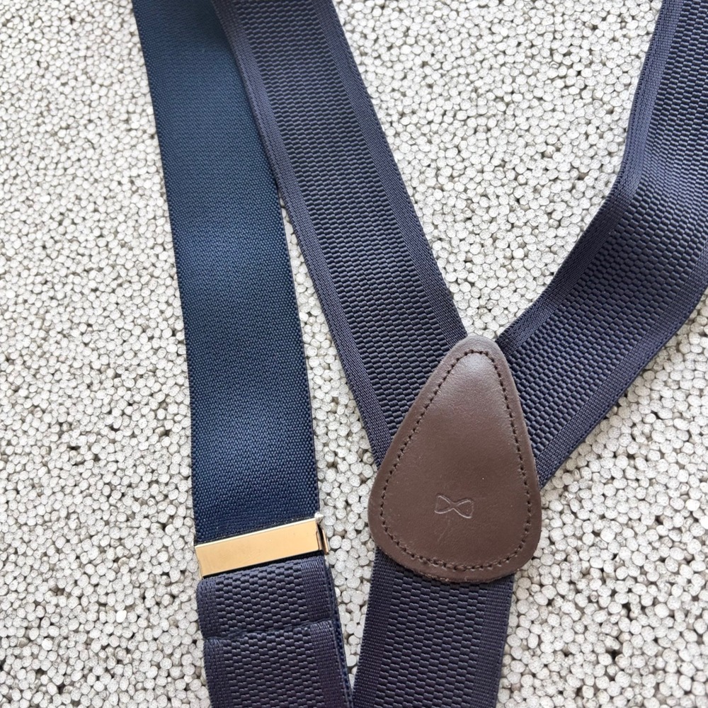 Trafalgar Suspenders Mens Navy Blue Leather Trim Silver Convertible Preppy - Picture 5 of 6